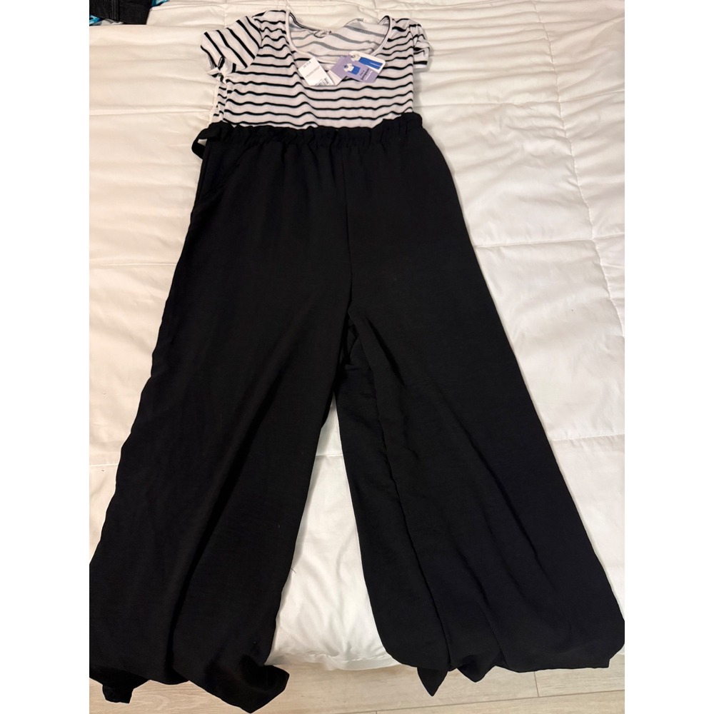 Just Be Womens Striped Short Sleeve Wide Leg Jumpsuit Black White Large NWT